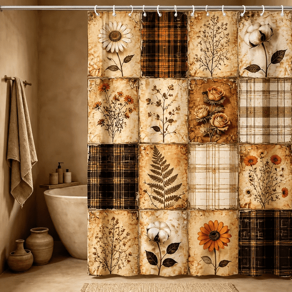 Elyvra Vintage Botanical Patchwork Shower Curtain 72x72 Inch with Hooks, Rustic Plaid Sunflower Cotton Flower, Waterproof Bathroom Decor
