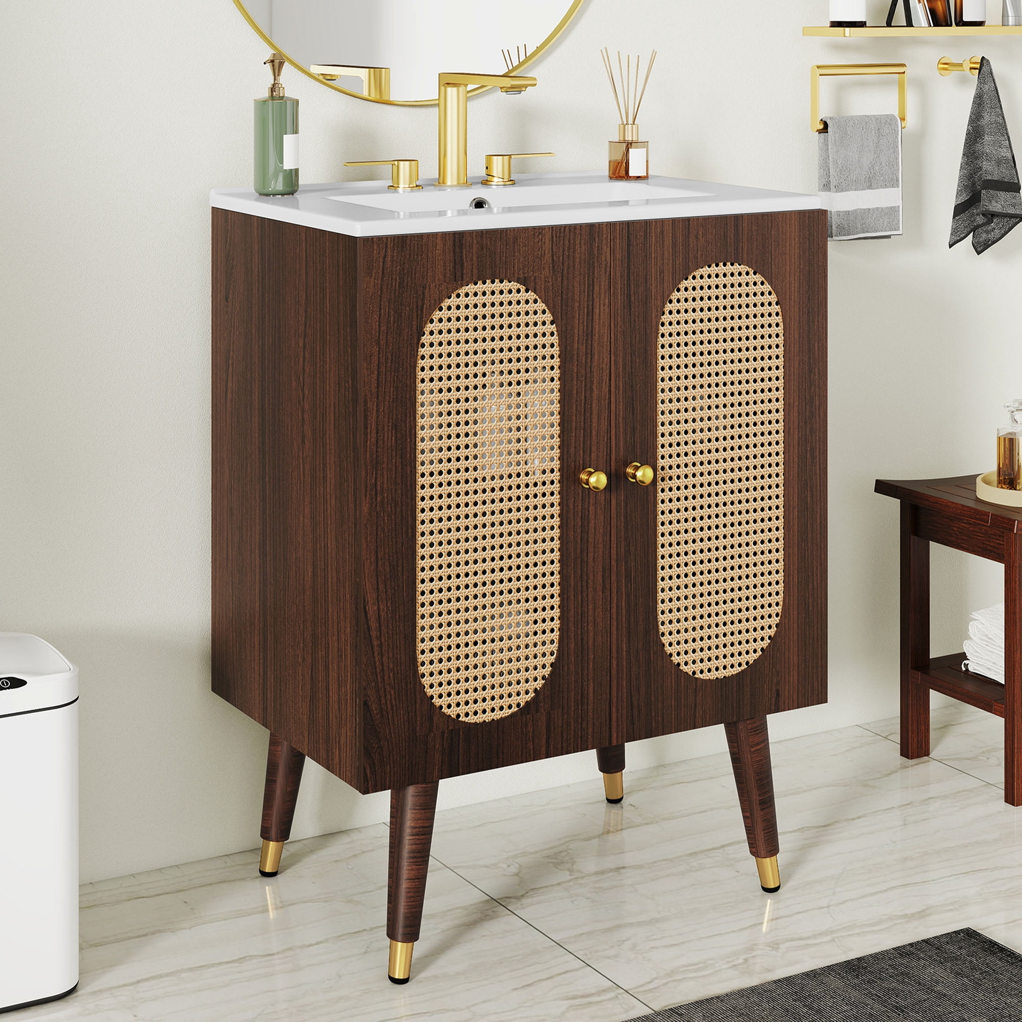 Uforic 24 Inch Bohemian Rattan Bathroom Vanity with Soft-Close Double Doors, Adjustable Inner Shelf for Small Space, Walnut