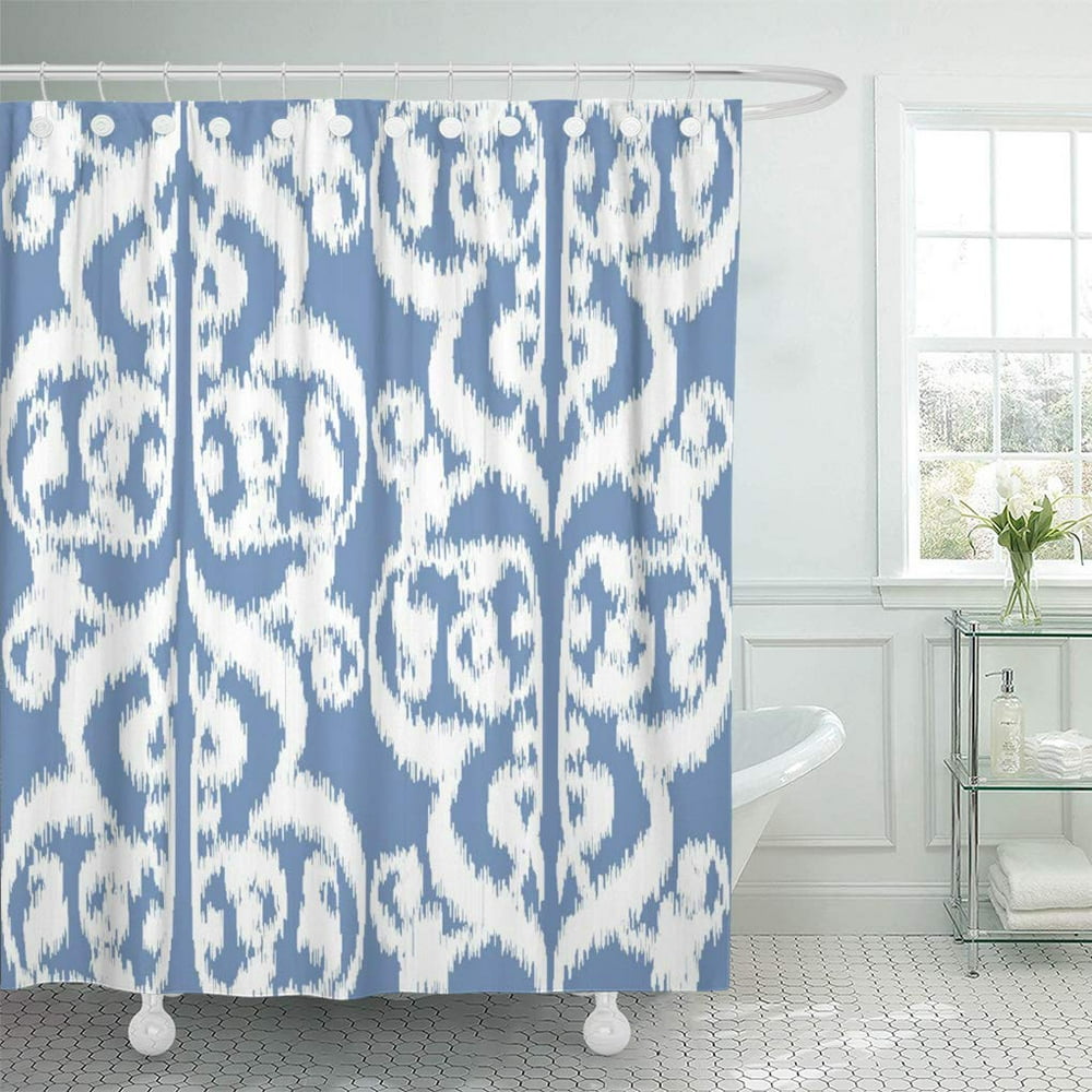 SUTTOM Light Ikat Moorish Damask Sky Blue and White Shower Curtain
