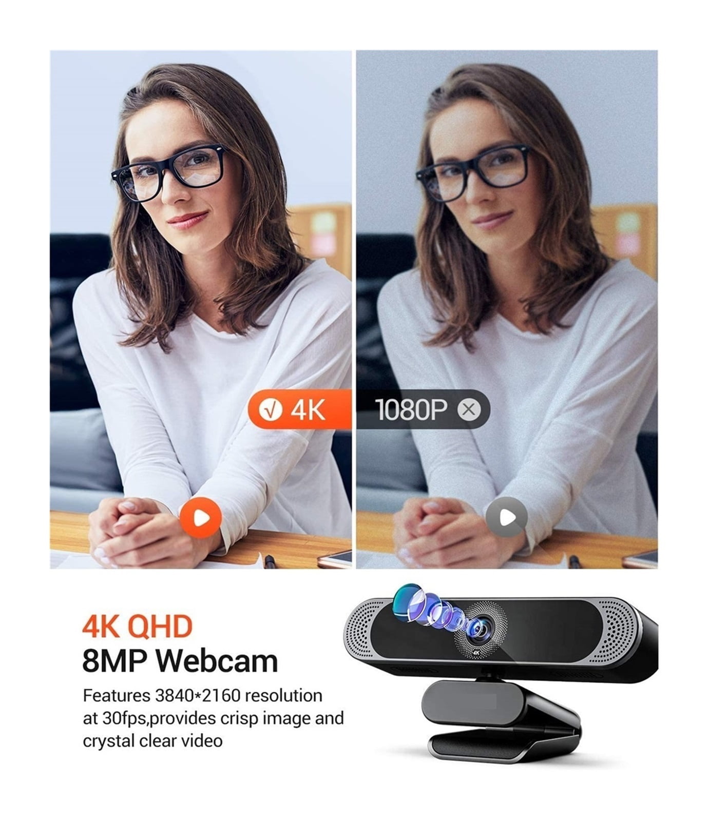 4K 8MP HD Webcam With Noise-Canceling Microphone/ Privacy Cover/ Tripod Play USB Web Camera For Meeting Video ,HD Video