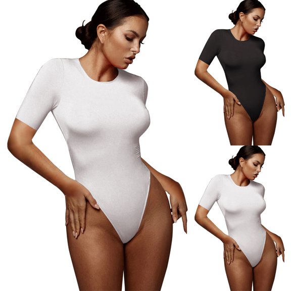 Women's Crew Neck Mid Sleeve Bodysuit, JIANLAI Slim Fit Stretchy Basic Tight Everyday Jumpsuit Tube Tops for Women