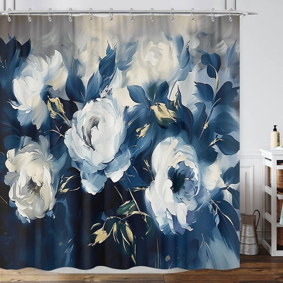 Blue Floral Shower Curtain for Bathroom, Abstract Navy Blue Rustic Farmhouse Flowers Shower Curtain Decorative, Modern Minimalist Gray Dark Blue Floal Bathroom Art Decor with Hooks 72"X72"