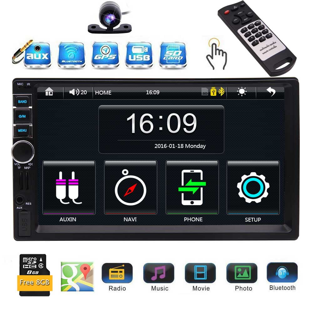 Remote Control+Rear View Camera 100-RG7021B Regetek Car Stereo Double Din 7 Touchscreen in Dash Stereo Car Audio Video Player Bluetooth FM AM Radio Mp3 /TF/USB/ AUX-in/Subwoofer/Steering Wheel Controls 