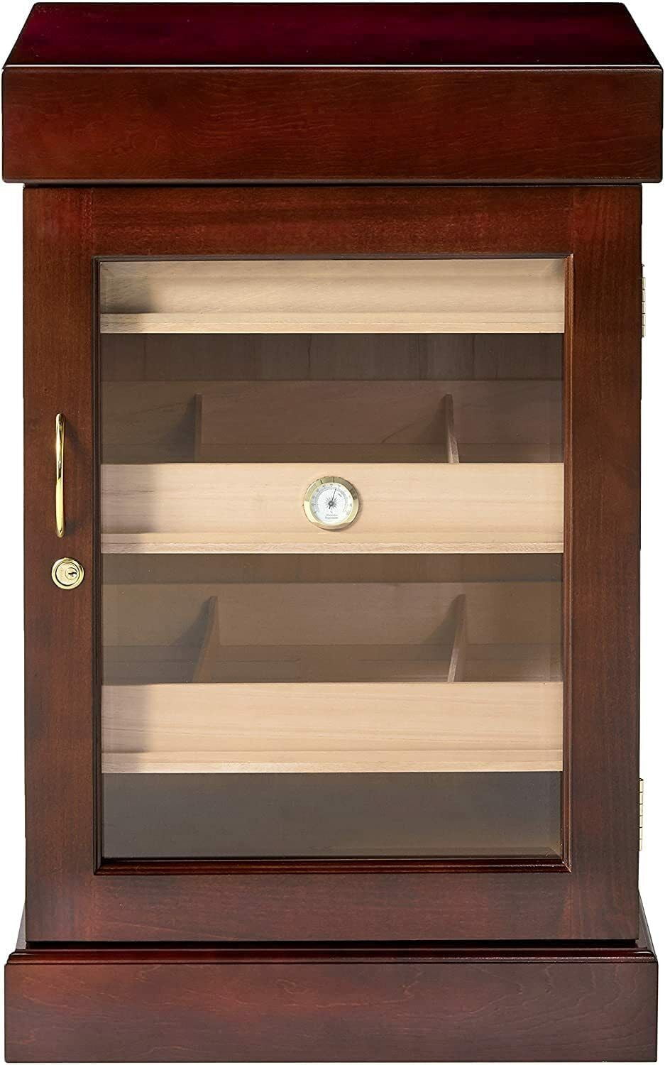 Humidor Supreme Mini Tower Humidor with Shelves, 1000 Cigar Capacity, Brown, Mahogany Wood.