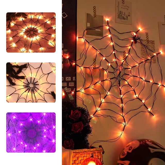 Luces de Telaraña de Halloween de 1 M de Diámetro, 60 Led con Araña Negra, Luces Moradas Impermeables, Control Remoto, Decoración de Halloween para El Jardín de La Casa.