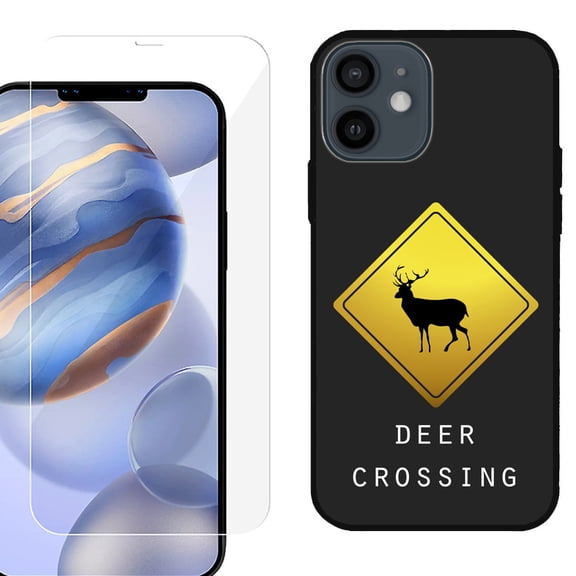 Slim-Fit Protective Phone Case (Black) compatible with iPhone 12 / iPhone 12 Pro, with Tempered Glass Screen Protector, by OneToughShield ® - Road Sign Deer