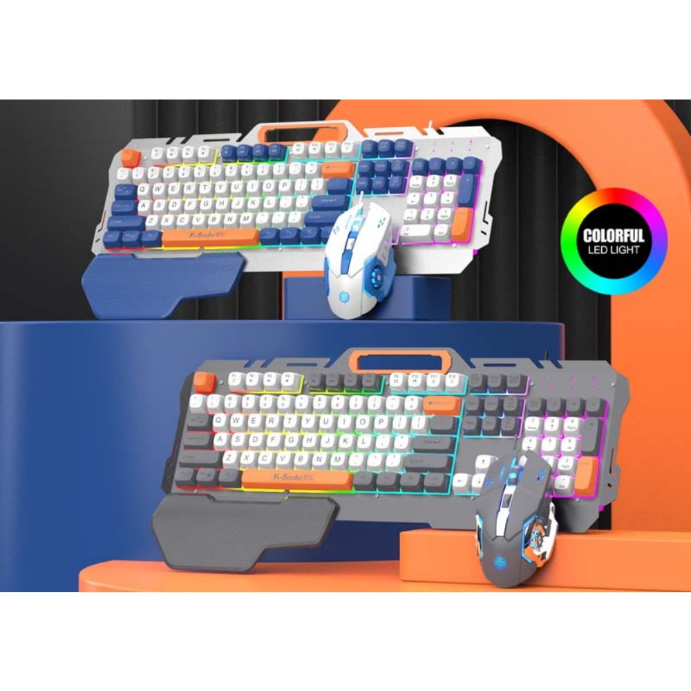Wired gaming keyboard and mouse combination, RGB illuminated keyboard, metal panel with extended wrist rest, 104 key rainbow backlit wired gaming keyboard, full-size computer keyboard