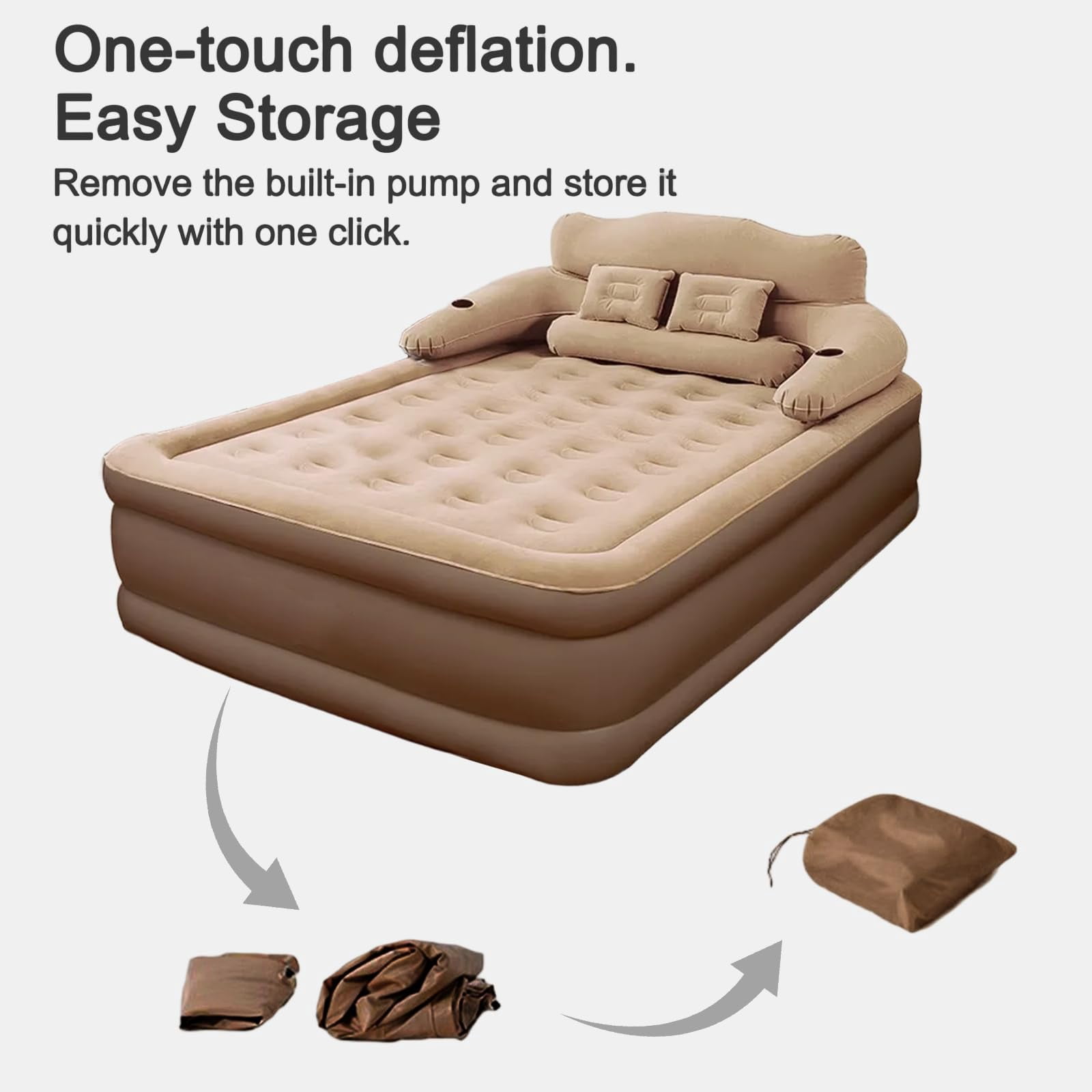 XunKA Air Mattress Queen with Built-in Pump and Headboard，Inflatable Portable Mattress for Home, Camping & Guests,Brown.