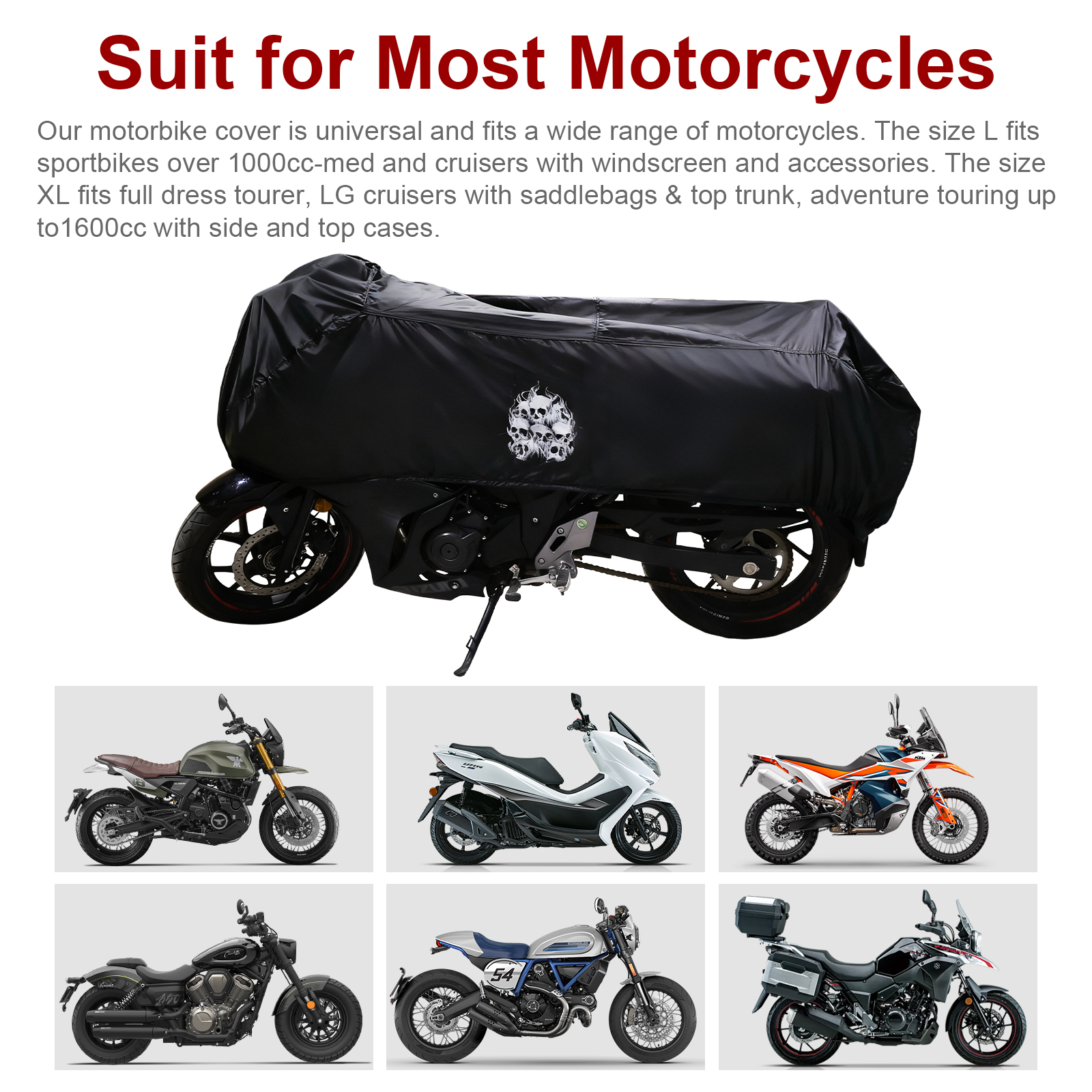 Dream Apparel Motorcycle Half Cover, Waterproof Motorcycle Cover for Outdoor, Rain Snow Dust Protection Universal Fit Heavy Duty Motorbike Vehicle Cover with Storage Bag, Black with Skull XL