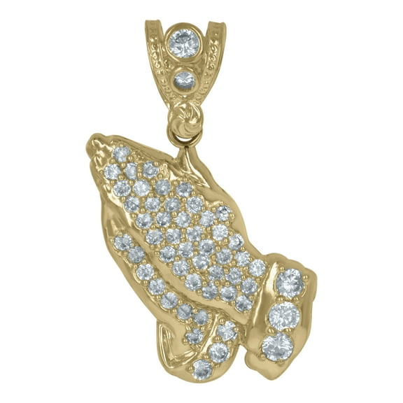 10k Yellow Gold Mens Cubic Zirconia Praying Hands Religious Charm Pendant
