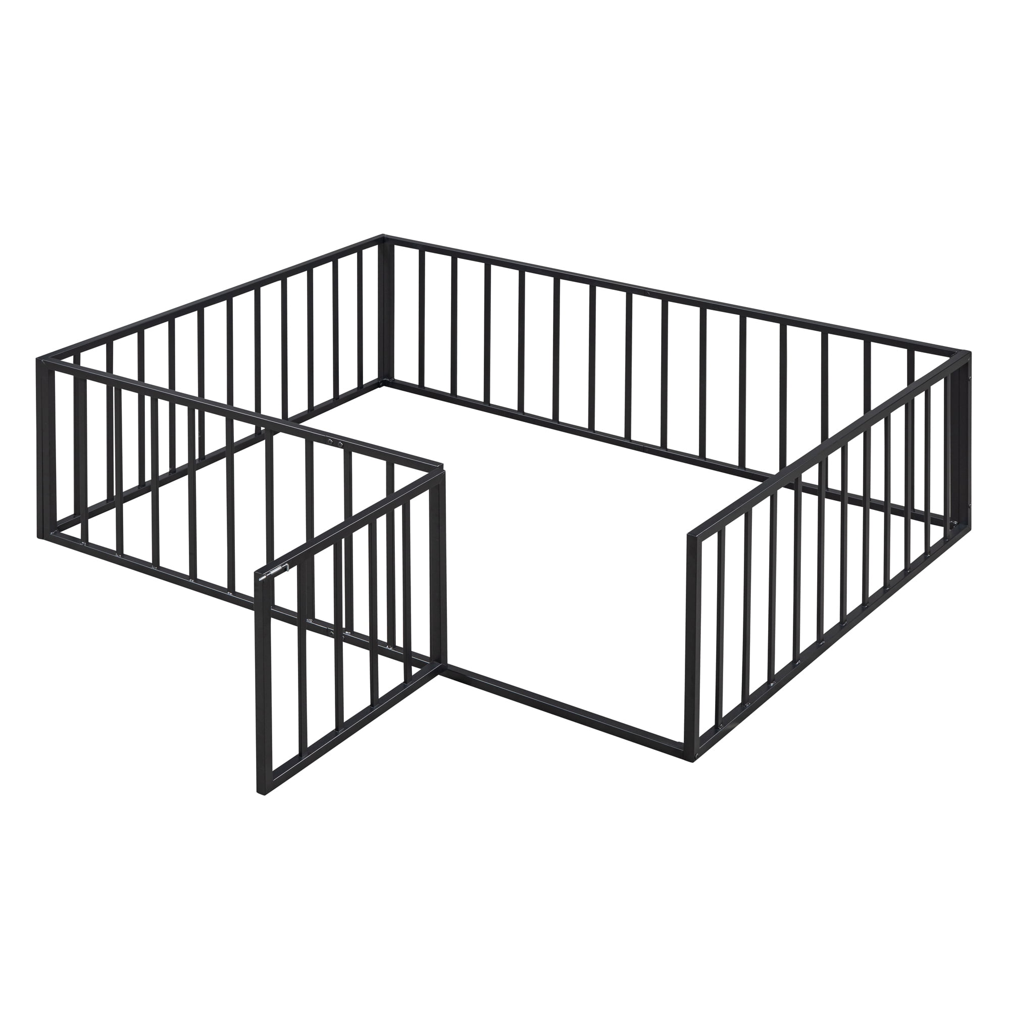 Full Size Floor Bed with Fence and Door, Low Profile Metal Montessori Bed Frame with Slats Supports,Easy Assembly, No Box Spring Needed,Black