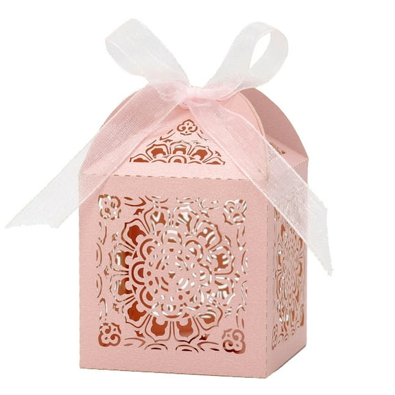 50 Pack European Style Wedding Favor Boxes with Ribbon Precision-Cut Floral Pattern Candy Gift Boxes for Celebrations Peach