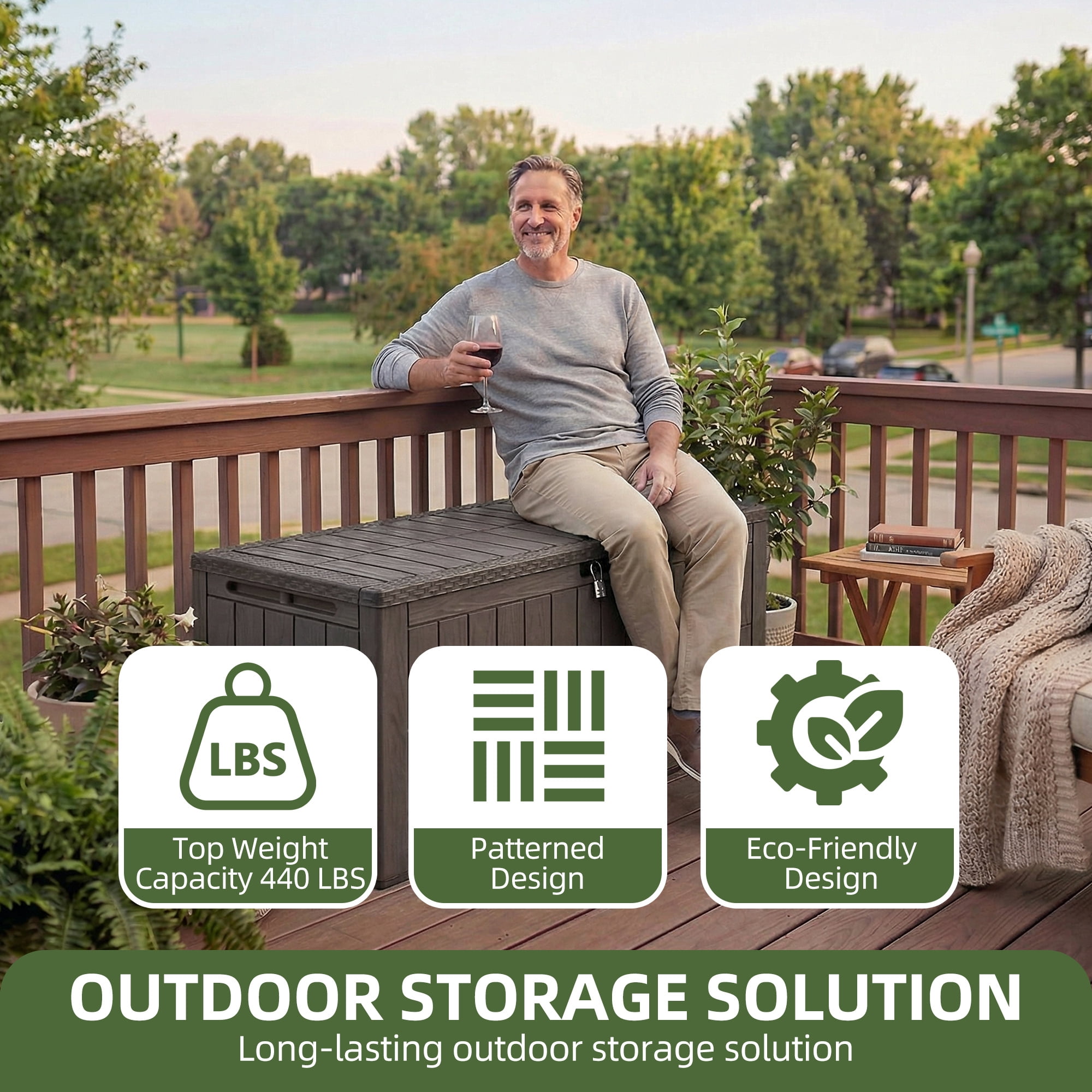 Uforic 134 Gallon Large Outdoor Deck Box, Waterproof Resin Patio Storage Box with Lockable Latch, 2-Person Bench Seat Design for Patio Cushions, Garden Tools and Pool Accessories, Dark Brown