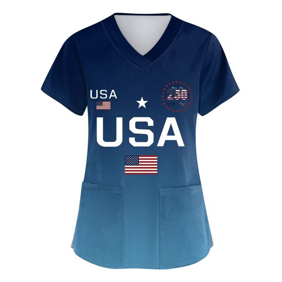Patriotic Scrub Tops Women Letter Print 1776-2026 Short Sleeve T Shirts V Neck Moisture Wicking Relaxed Fit Comfy Nursing Uniforms with Pockets, #01 Blue, 4XL