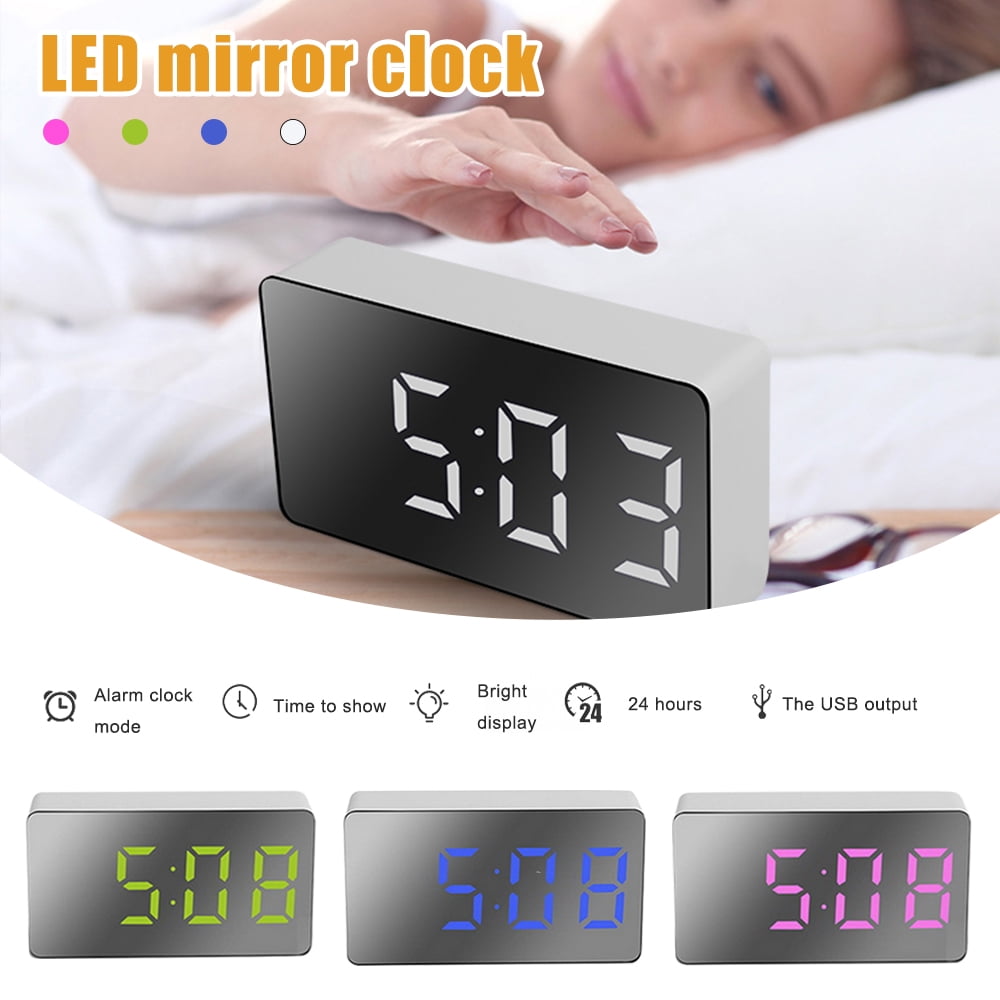 Mirror Digital LED Snooze Alarm Clock Time Temperature Night Mode Bedside Home 