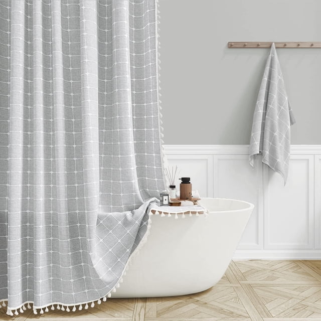 Bttn Stall Cortina de ducha de tela 54 x 72 pulgadas, juego de cortina de ducha de tela con borlas de lino bohemio resistente con 10 ganchos, cortinas de ducha gruesas neutrales, estrechas, rústicas