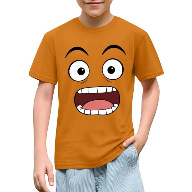 Blusas y camisas de manga corta con cuello redondo para niños y niñas, color liso, con estampado de expresión linda, manga corta, holgadas y cómodas, blusa para niña