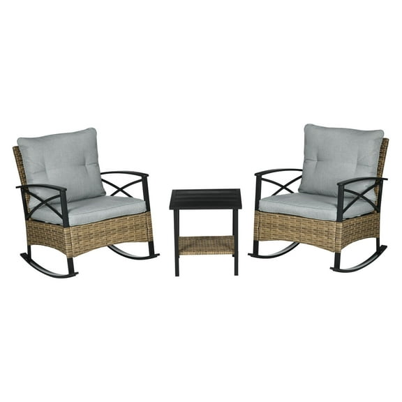 Rocking Bistro Set 3PC Outdoor Furniture - Wicker Rocker Chairs with Cushions & Coffee Table - Light Grey Patio Set