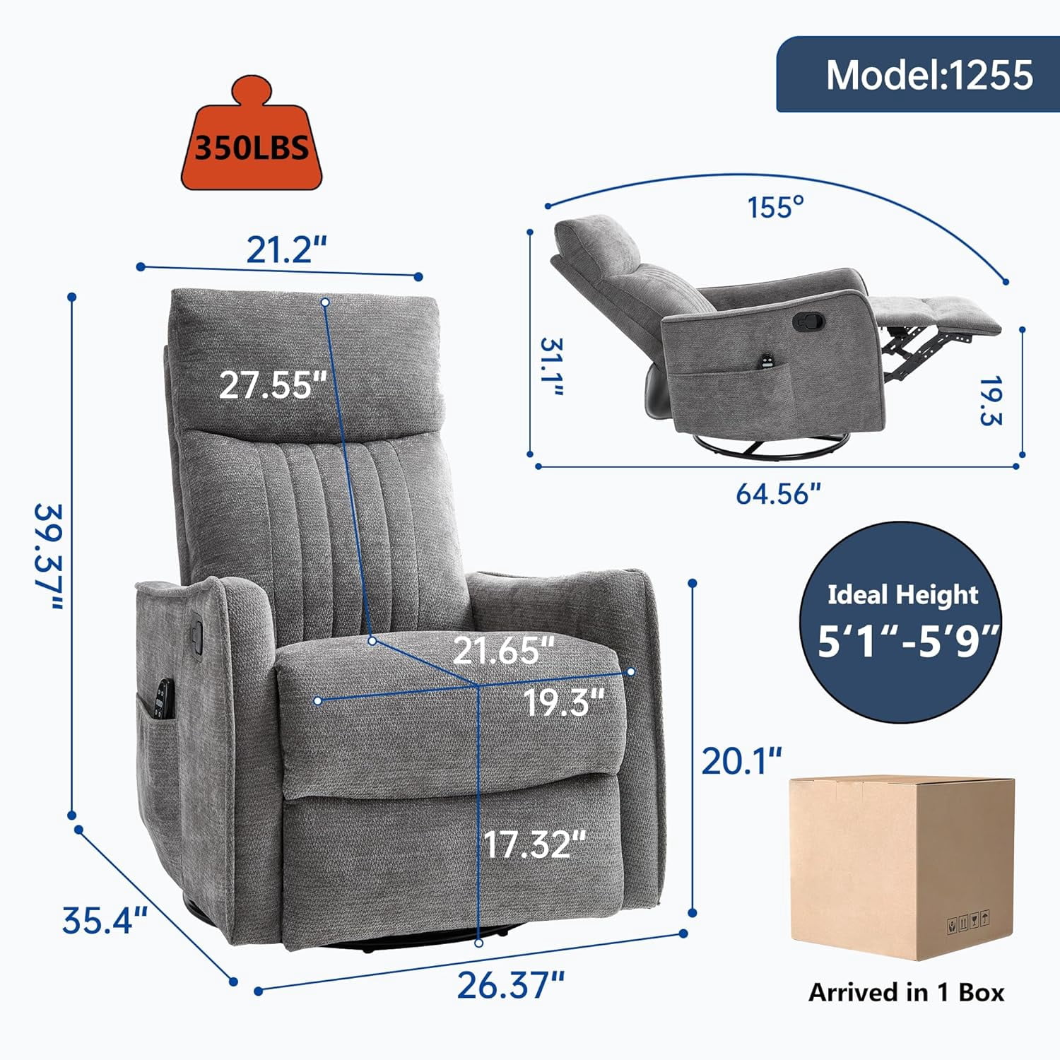 High Back Manual Recliner Chair with Heat & Massage, Swivel Rocker for Living Room Bedroom, Dark Gray