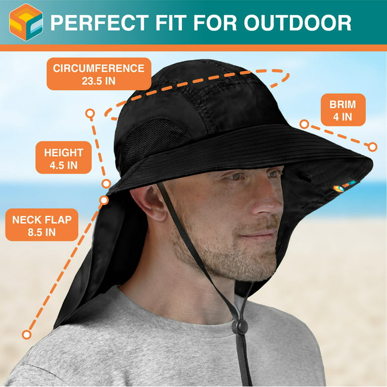 Sun Cube Wide Brim Sun Hat with Neck Flap, Fishing Hiking for Men Women Safari, Neck Cover for Outdoor Sun Protection UPF50+ | Black