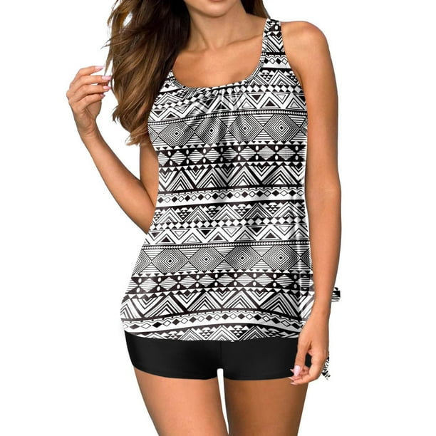 MKLEKYY Trajes De Baño Mujer 2 Piezas New Swimwear Split Women'S Printing Square Corner Tankini Swimwear Top