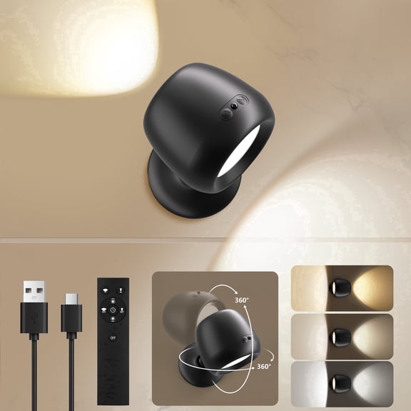LED Wall Mounted Light Dimmable with 3 Color Temps & 360°Rotation, Rechargeable Cordless Wall Lamp with Remote and Touch Control, Easy Install for Living Room Picture Bedside  Reading