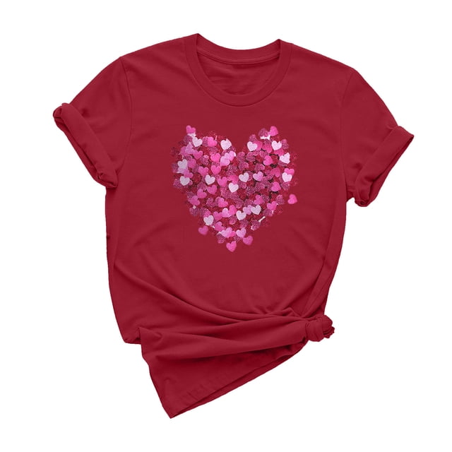 Dealovy T-Shirts pour Femmes Manches Courtes Col Rond Mignon Cœur Imprimé Couleur Unie Décontracté Été T-Shirts Unis