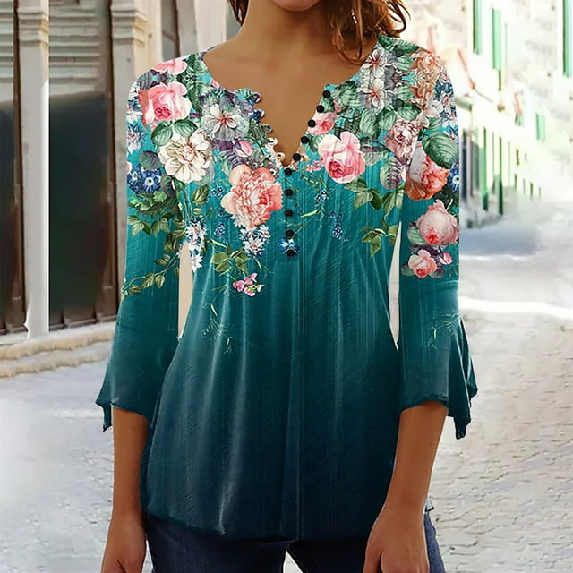 DPTALR T-shirt Blouse Décontractée d'Été pour Femmes à Col en V et Manches 3/4 Imprimé