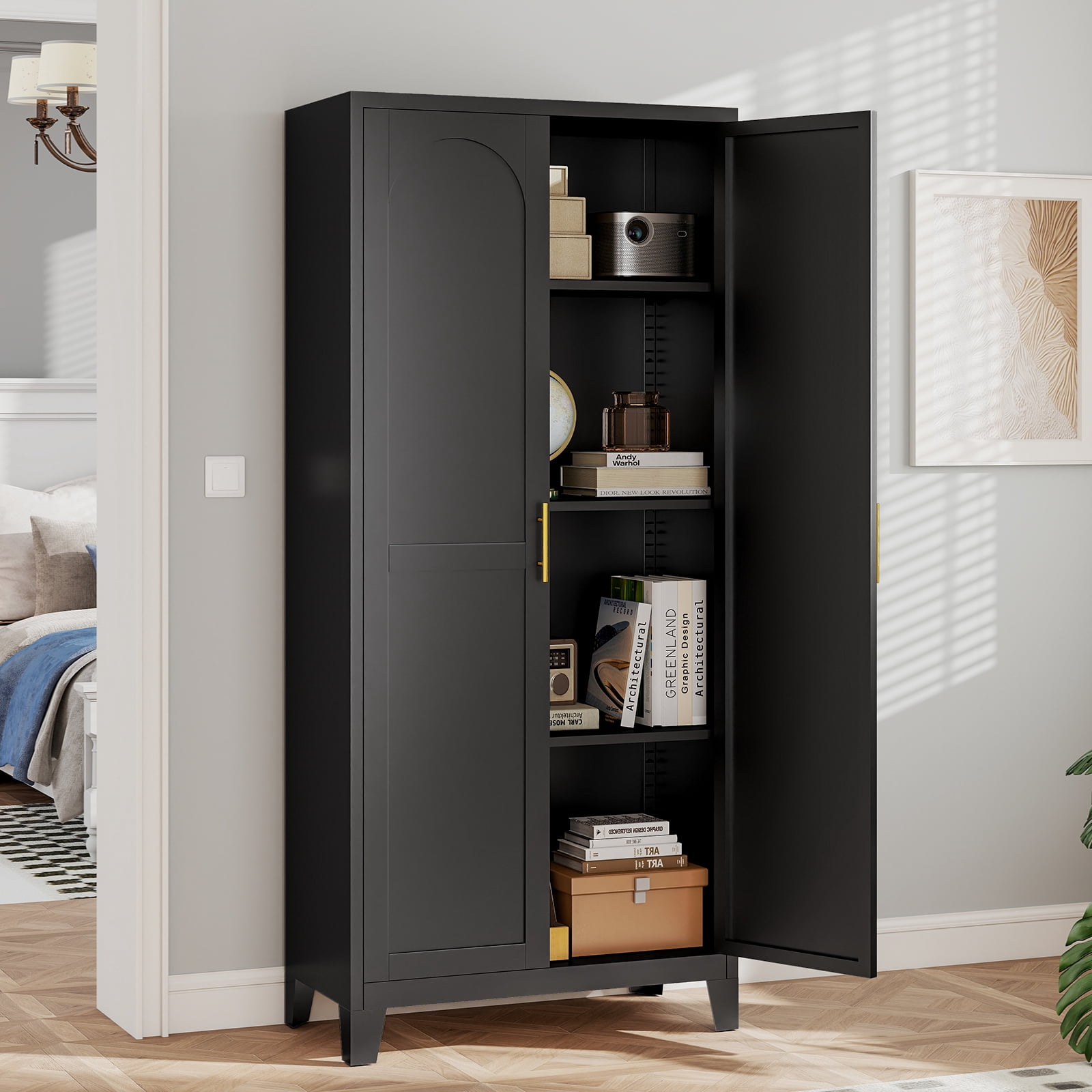 LIZEVINC 61.2in Pantry Cabinet, Metal Shapely Doors Cabinet with Doors and Adjustable Shelves, Food Pantry Cabinet for Kitchen,Dinning Room- Assembly Required(Black)