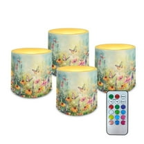Kuiaobaty 4 Packs Flameless LED Battery Candles with Colored Light Watercolor Sunflower Daisy Flower Waterproof Pillar Fake Candles with Remote for Wedding Beach Party Decor Home Decoration