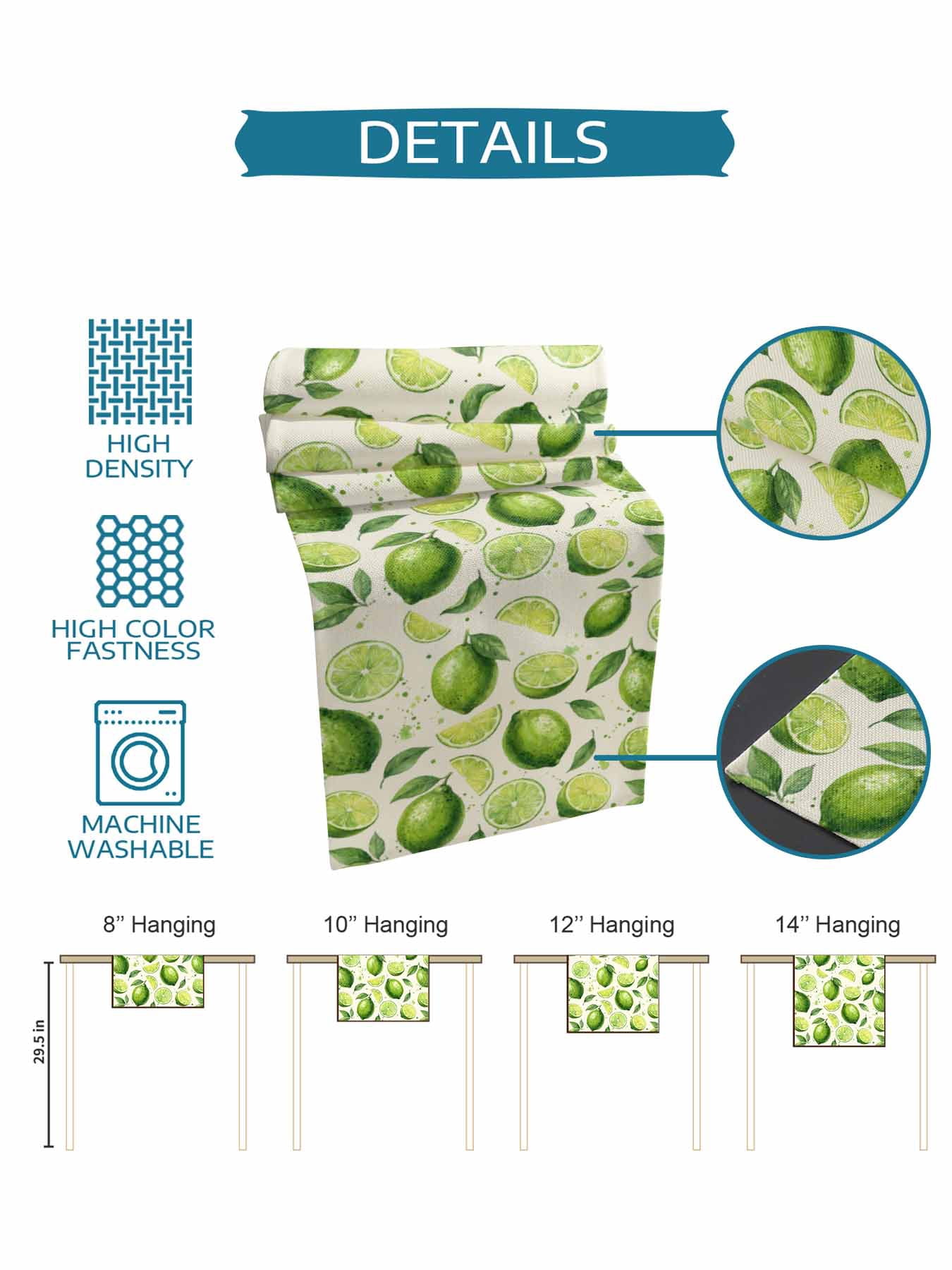 Summer Fruit Table Runner, Watercolor Green Lemon Lime Slice Leaf Rustic Washable Cotton-linen Table Runners Dining Kitchen Decoration for Everyday Home Wedding Party Decor, 13 x 90 Inch