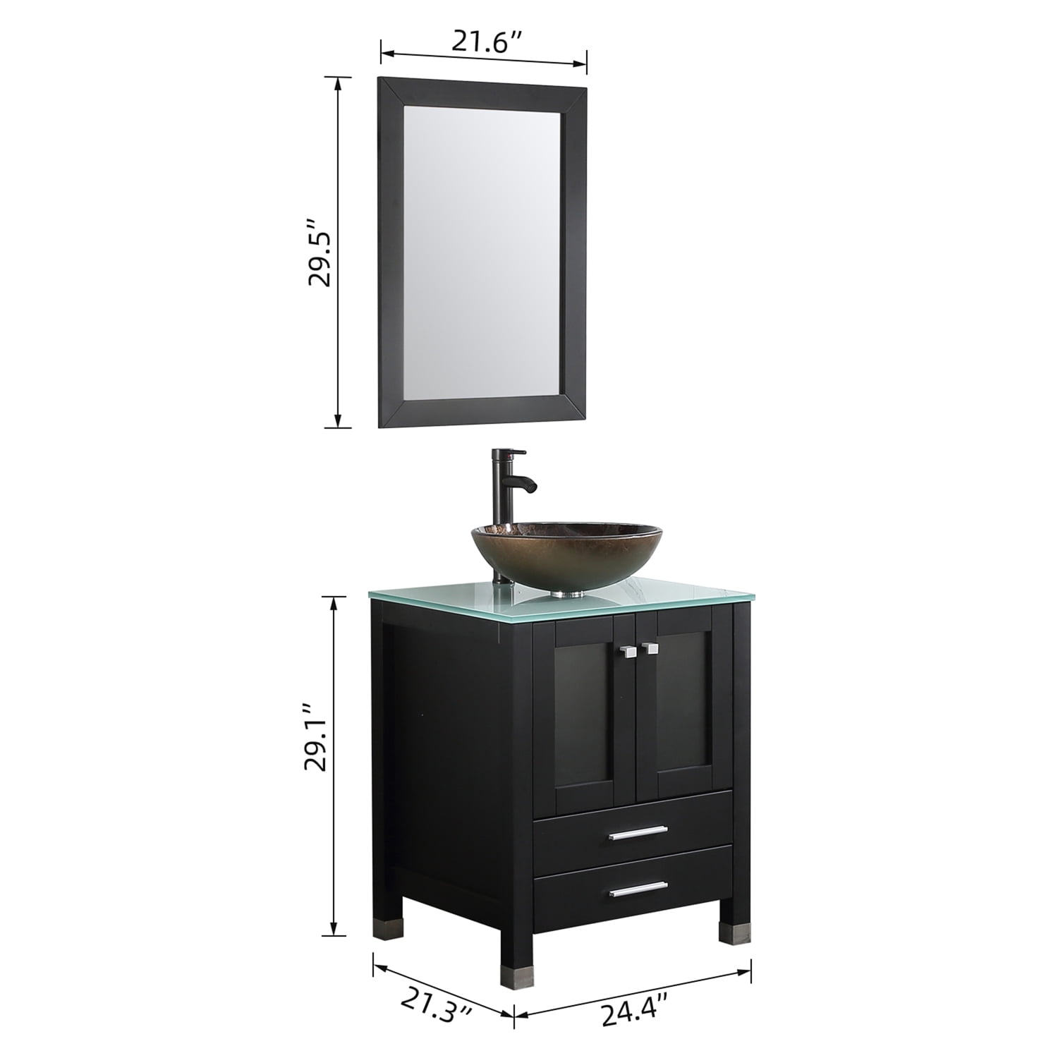 Wonline 24" Vessel Sink Wood Bathroom Cabinet w/Mirror And Temepered Glass Countertop