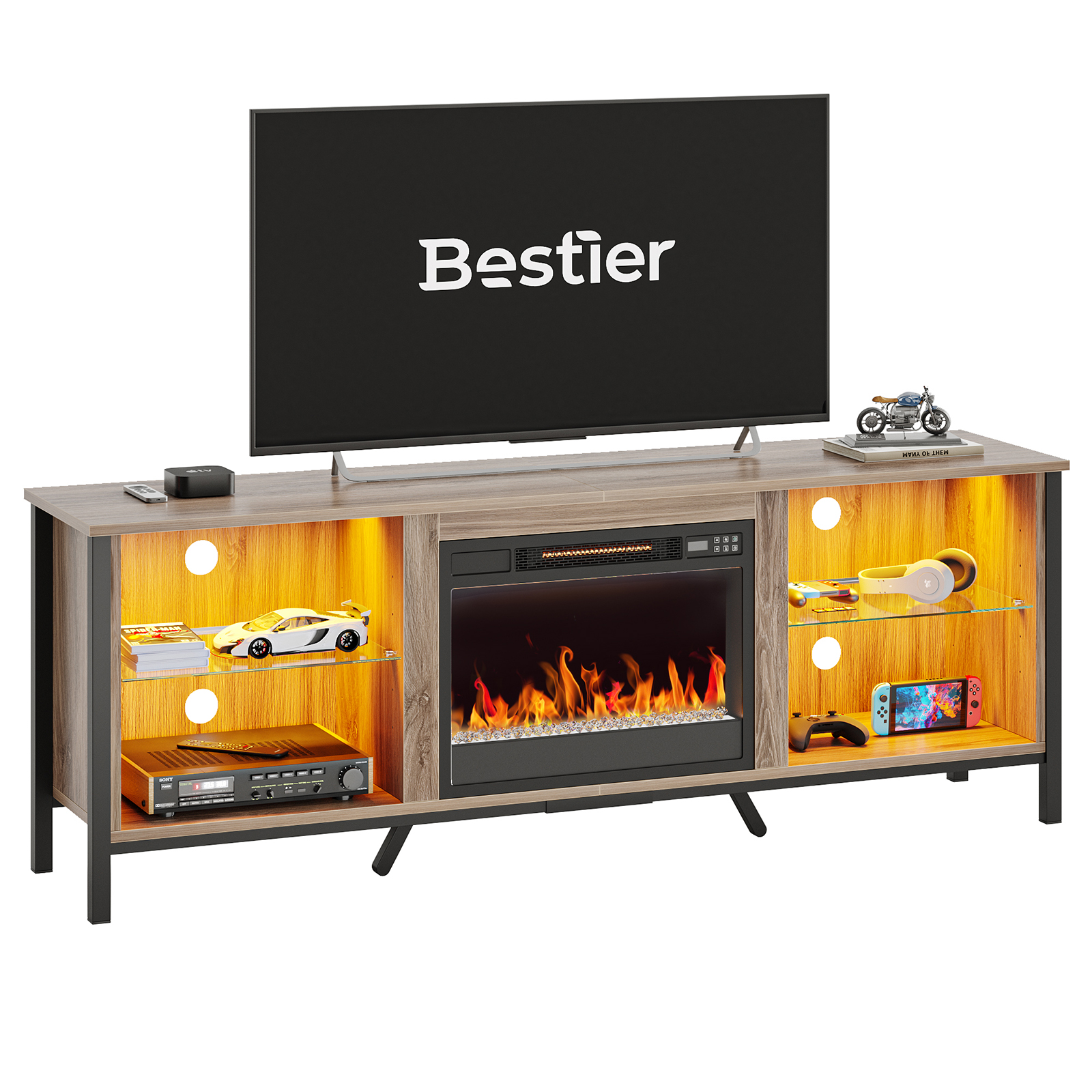 Bestier Modern Electric Crystal Fireplace TV Stand with LED Lights for TVs up to 80", Entertainment Center with Glass Shelves,Pinewood