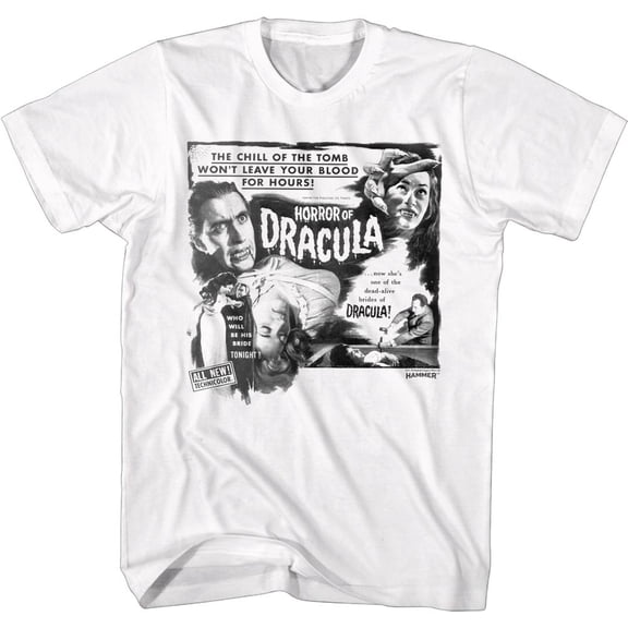 Hammer Horror B and W Horror of Dracula White Adult T-Shirt