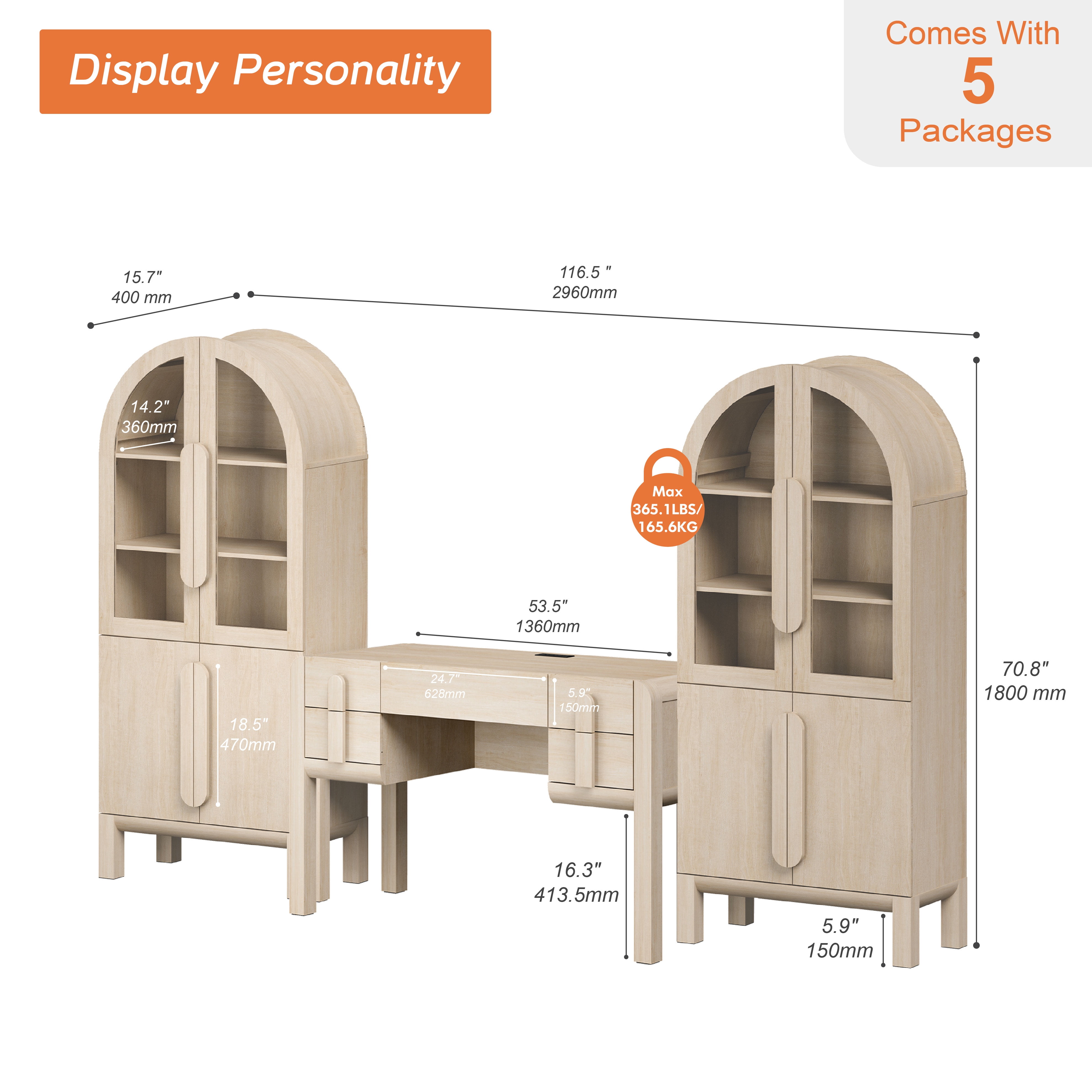 Home Office Set, 53.5" Modern Executive Desk with Charging Station and Drawers & 2 Piece 71"H Tall 3-Tier Arched Bookcases with Glass Door for Living Room, Bedroom, Home Office