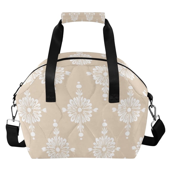 White Flowers Light Brown Background Insulated Lunch Bag Reusable Quilted Lunch Box Waterproof Leakproof Lunch Container