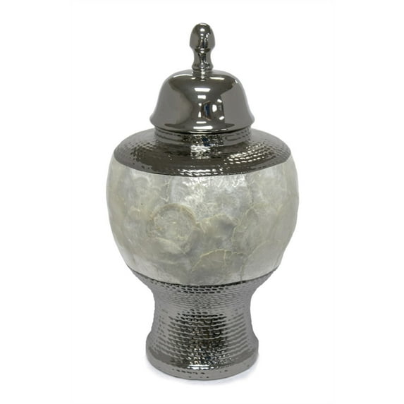 Traditional Style Ceramic Pearl Rotund Covered Jar, Silver And White
