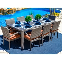 Sorrento 9-Piece Resin Wicker Outdoor Patio Furniture Dining Table Set in Gray w/ Dining Table and Eight Cushioned Chairs (Flat-Weave Gray Wicker, Sunbrella Canvas Tuscan)