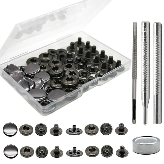 12 Set Leather Snap Fasteners Kit, 15mm Metal Snap Buttons Kit Press Studs with 4 Install Tools, Rivets and Snaps for Clothing, Jeans, Jackets, Bracelets, Bags (Black)