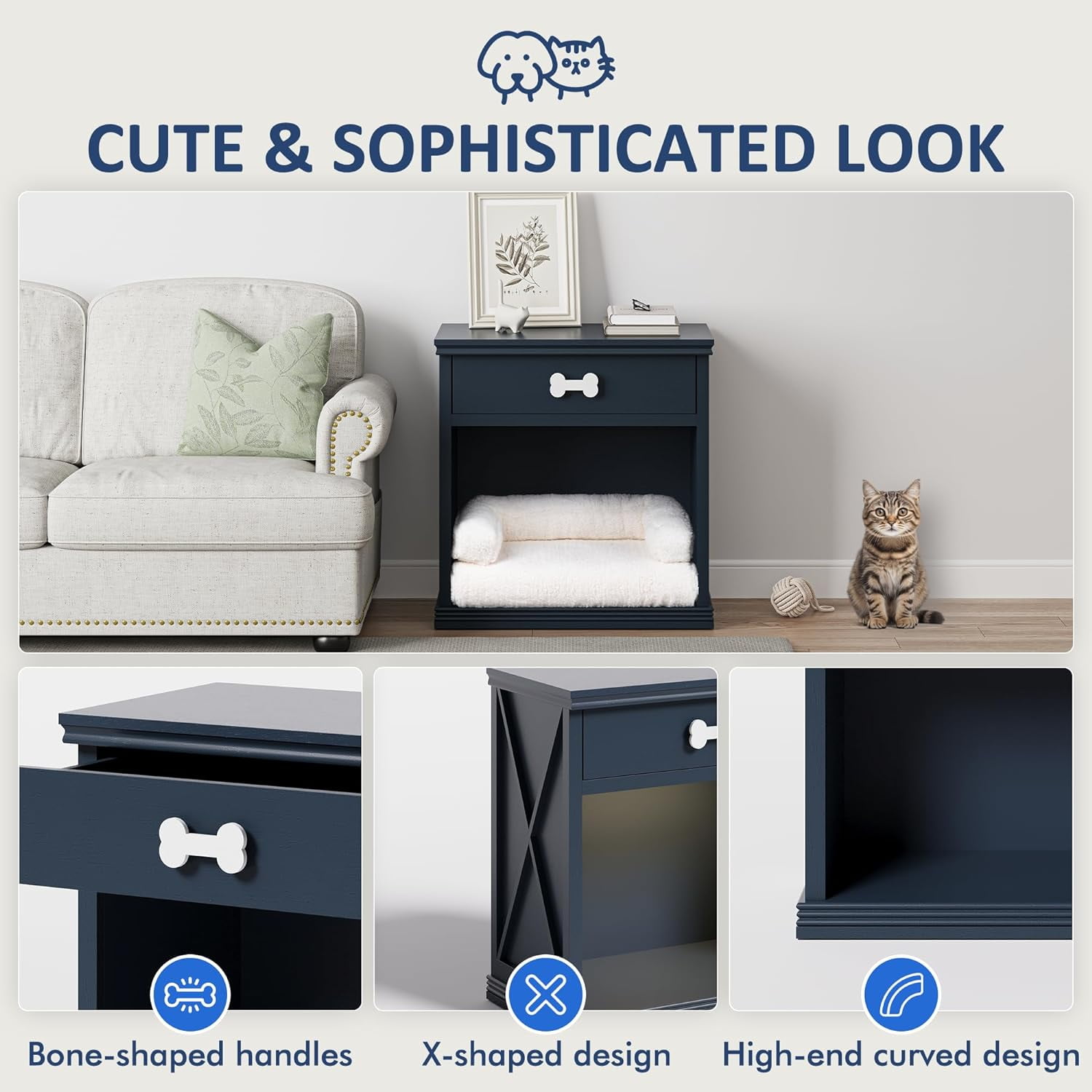 Royalcraft Vintage Small Storage Cabinet with Led Light, Hidden Cat Litter Box with Drawer and Semi-Open Space, Multi-Functional Nightstands with Pet House for Living Room, Bedroom, Blue