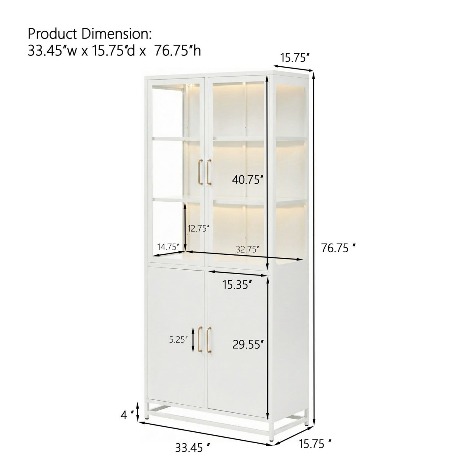 76.75" Tall Glass Display Cabinet with LED Lights, Steel Curio Cabinet with 3-Sided Glass, Double Door Storage Cabinet for Kitchen Living Room Office Pantry Home Decor, White