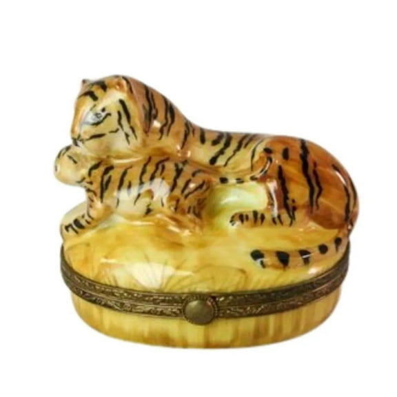 Tiger and Cub Porcelain Limoges Trinket Box for Collectors Limoges Box Porcelain Figurine