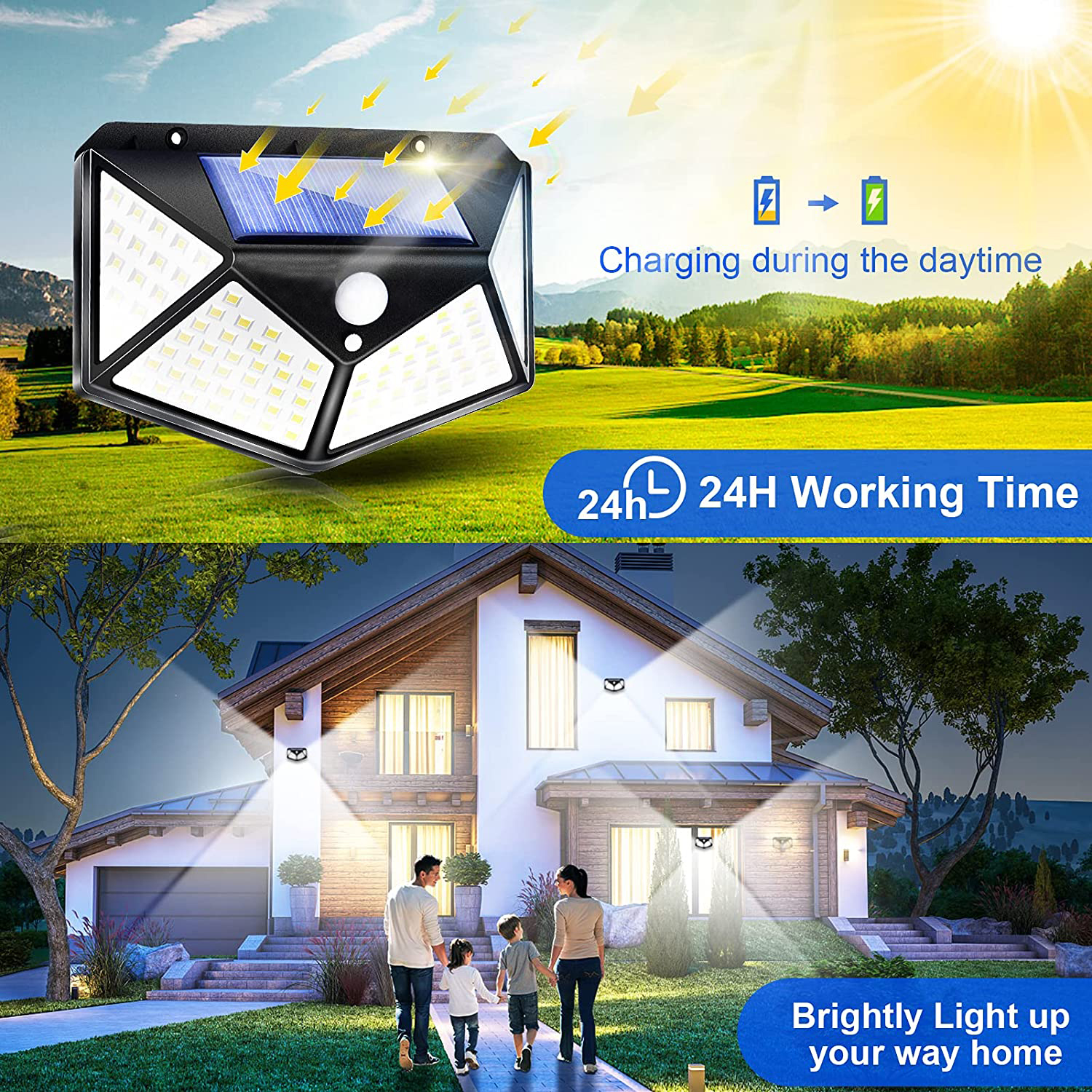 100 Led Solar Motion Sensor Lights Outdoor, SOWAZ Wireless Weatherproof  Solar Powered Lights for Steps Yard Garage Porch Patio, IP65 Waterproof with  Wide Angle (2 Pack)