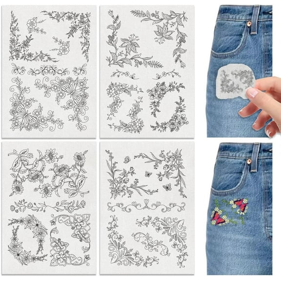 4 Sheets Water Soluble Embroidery Stabilizers 11.69x8.27 Inches Floral Corner Stick and Stitch Embroidery Paper Adhesive Embroidery Transfer Paper for DIY Shirts Coats Bags