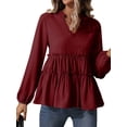 thumbnail image 4 of HUBERY Women Ruching Layered Hem V Neck Long Sleeve Elastic Cuff Solid Color Top, 4 of 7