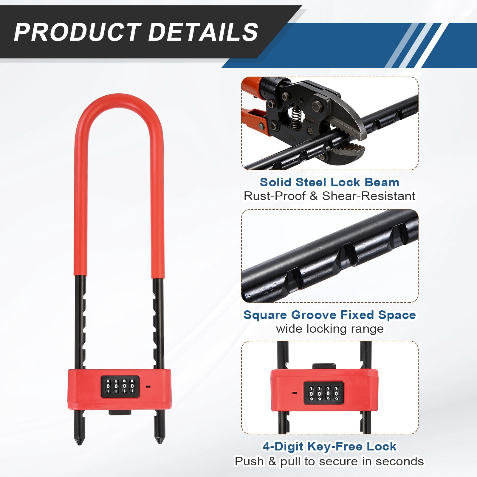 Uxcell 4 Digit Combination Padlock, Long Shackle Padlock - [8.46" - 12.8", Red], U-Shape Adjustable Shackle Lock for Bicycles Electric Bikes Mountain Bikes Glass Doors Gates