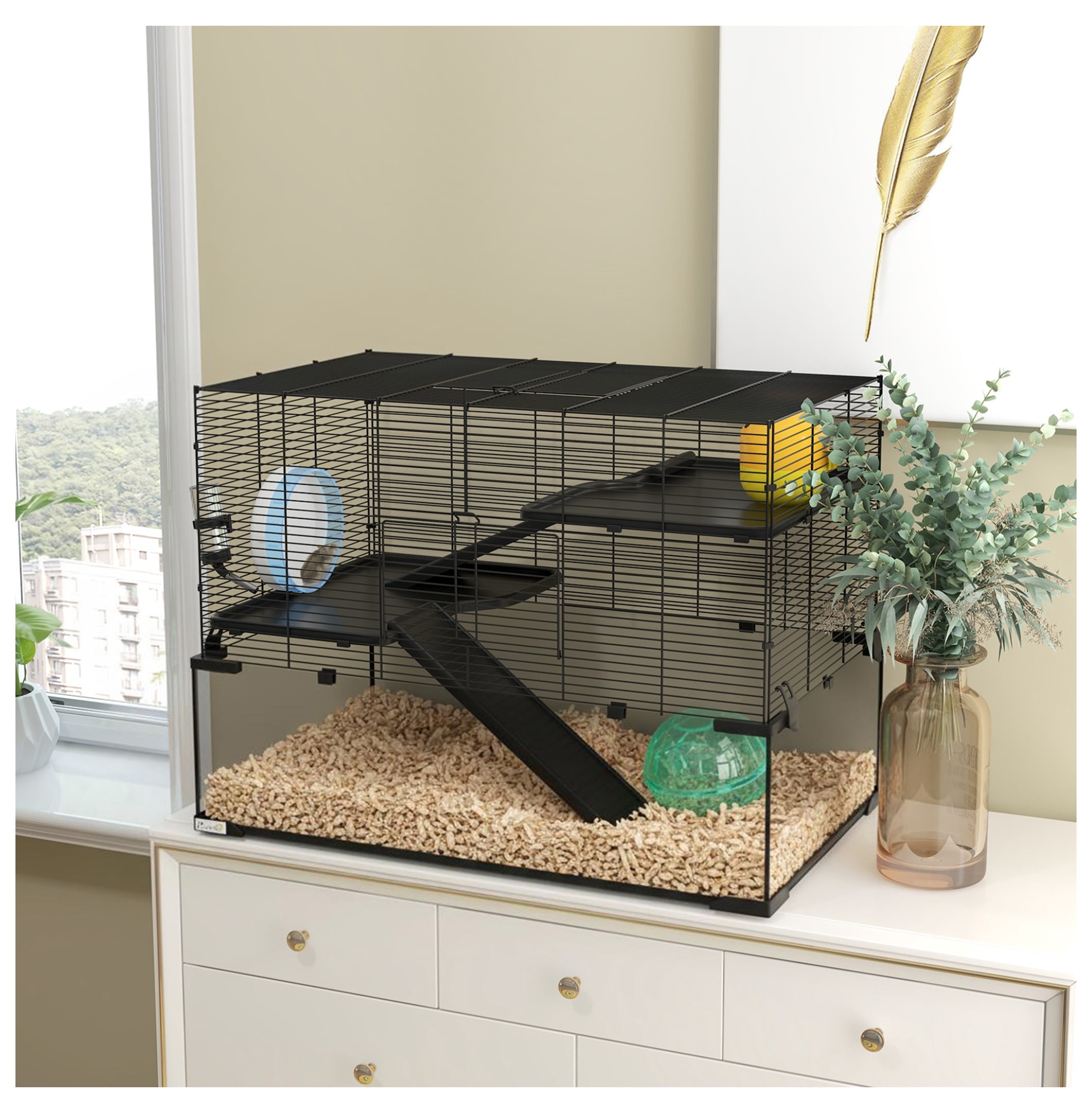 30" Hamster Cage Gerbil Cage with Glass Basin, Small Animal Habitat, Black