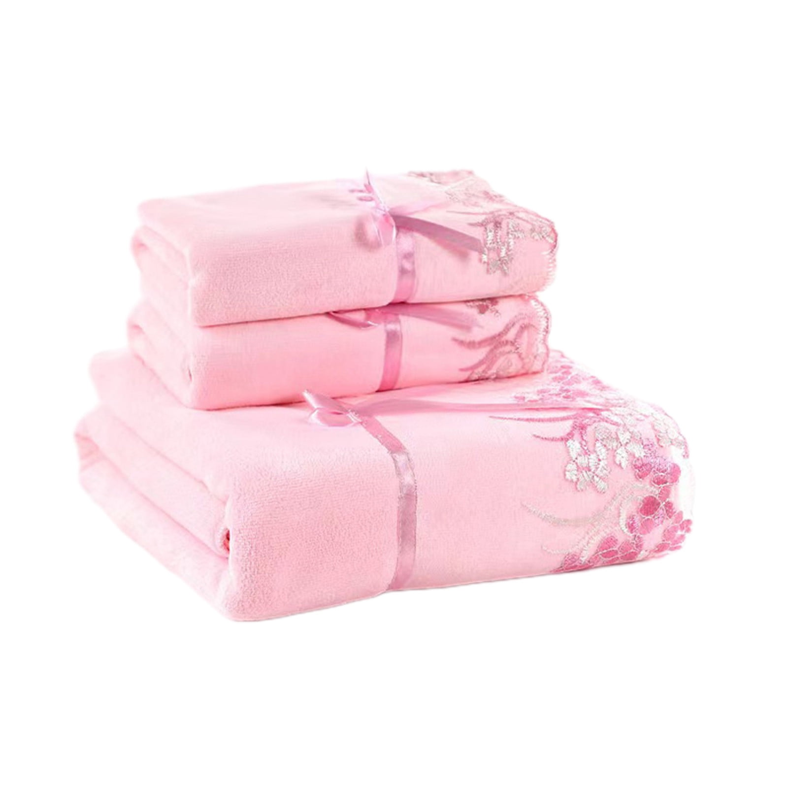 Decorative Bath Towels - 3 Piece Pink Embroidered Towel Set with Lace Trim, Soft and Absorbent for a Stylish Bathroom