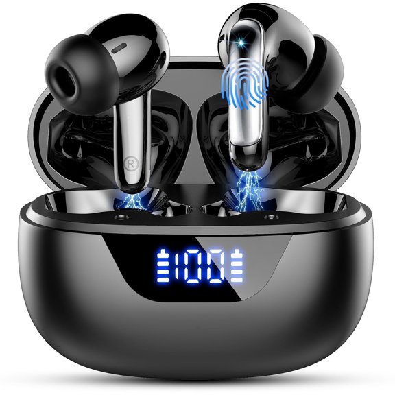 Wireless Earbuds, Bluetooth 5.4 Headphones, ENC Noise Cancelling Mic Ear buds with Stereo Bass, 48H Playtime Earphones , LED Display, IP7 Waterproof In Ear EarBuds for Phone Android iOS Sports, Black