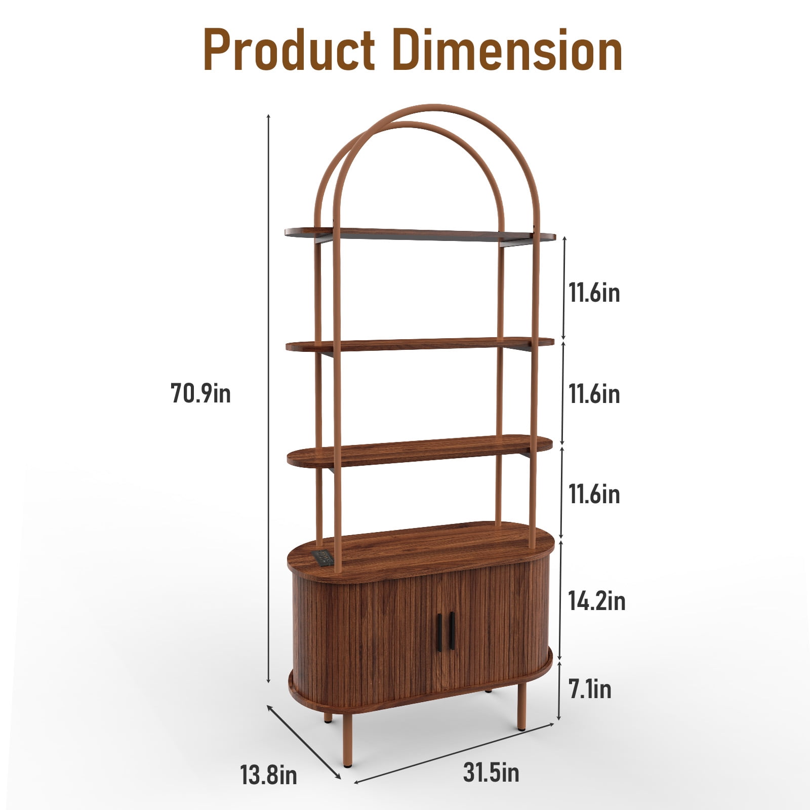 Arched Ceiling + 4-Layer Open Shelving + Double-Door Roller Shutter Display Case Locker with Socket (1USB+1Type-C) & Melamine Veneer & Painted Iron Pipe, 31.5*13.78*70.87in, Walnut
